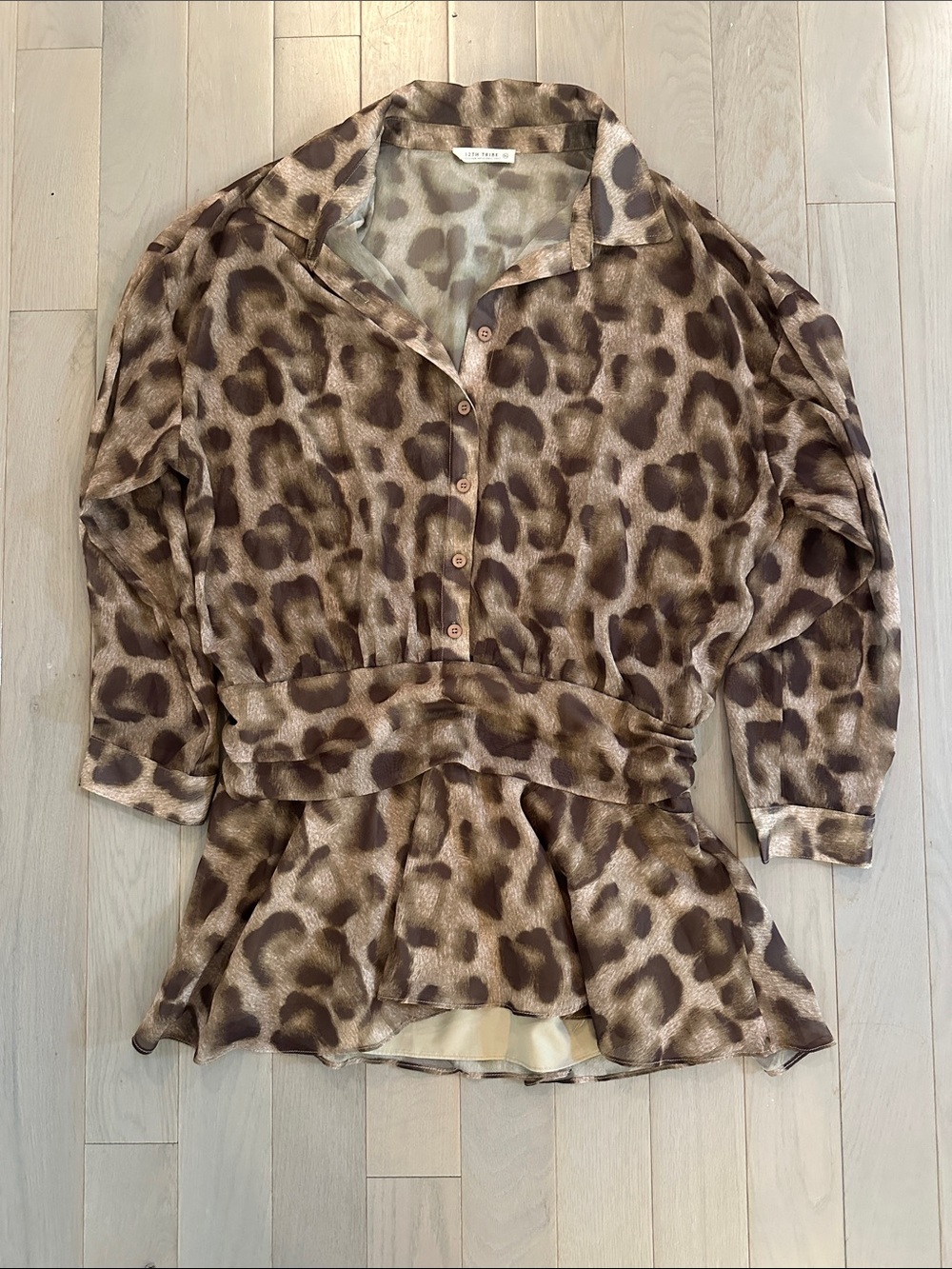 Leopard Print Button-Front Peplum Blouse - Brown